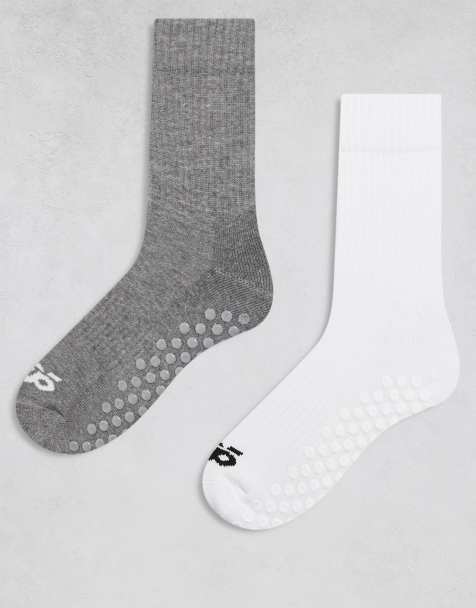 4505 Icon 2 pack non slip grip Pilates crew socks in white & grey marl - view 1