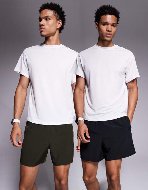 4505 – Icon – 2er-Pack schnell trocknende Sport-Shorts in Schwarz und Khaki mit Reißverschlusstaschen, 13 cm Schrittlänge