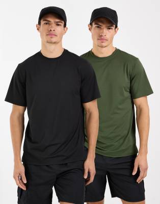 Icon - 2er-Pack Sport-T-Shirts aus schnelltrocknendem Netzstoff in Schwarz und Khaki-Bunt Bunt 2XS