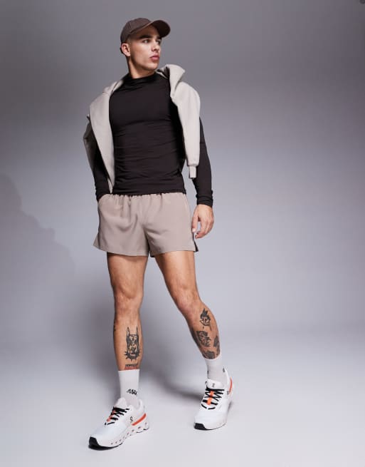 4505 Icon 3 inch quick dry running shorts with back zip phone pocket in taupe gray , 2 of 5