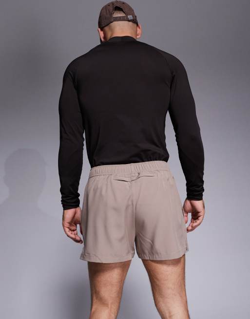 4505 Icon 3 inch quick dry running shorts with back zip phone pocket in taupe gray , 5 of 5