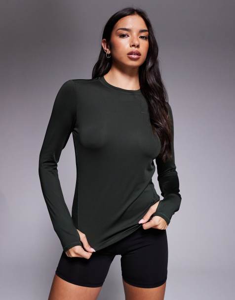 4505 Icon active quick dry long sleeve running top in dark khaki - view 1