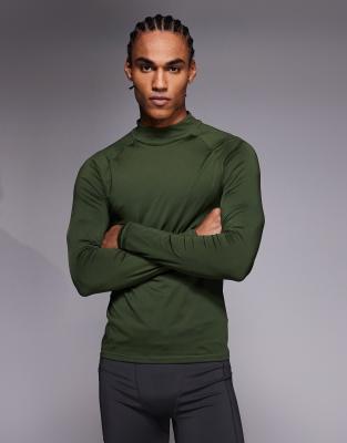 4505 Icon Active Quick Dry Muscle Fit Base Layer Training Long Sleeve Mock Neck Top In Green