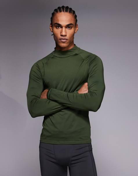 4505 Icon active quick dry muscle fit base layer training long sleeve mock neck top in khaki