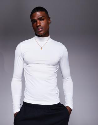 4505 Icon active quick dry muscle fit base layer training long sleeve mock neck top in white - view 1