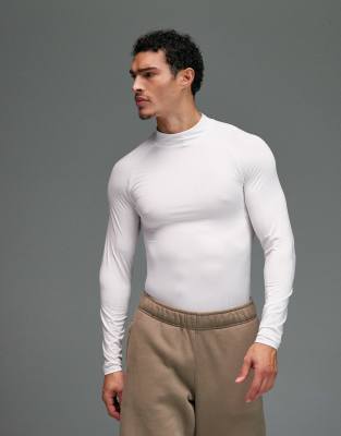 4505 Icon Active Quick Dry Muscle Fit Base Layer Training Long Sleeve Mock Neck Top In White