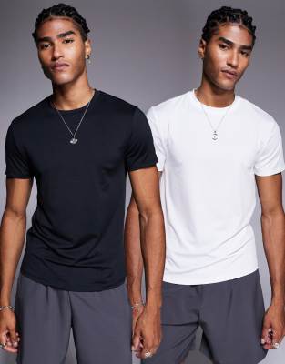 4505 4505 Icon active quick dry muscle fit base layer training t-shirt 2 pack in black and white-Multi