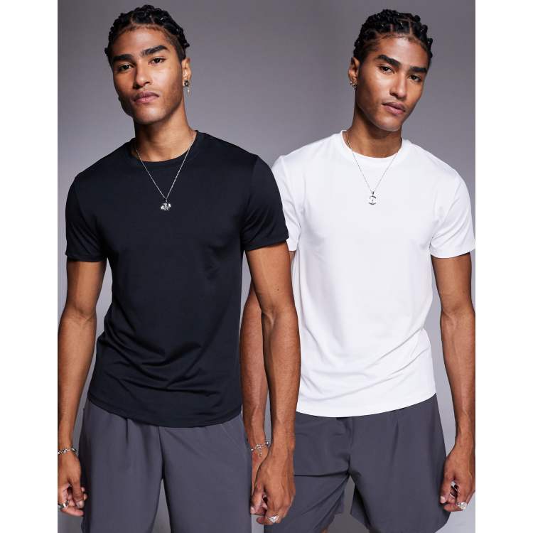 A4 Men's Muscle Shirt - Moisture Wicking, Odor Resistant V-Neck, Black/White (Large)