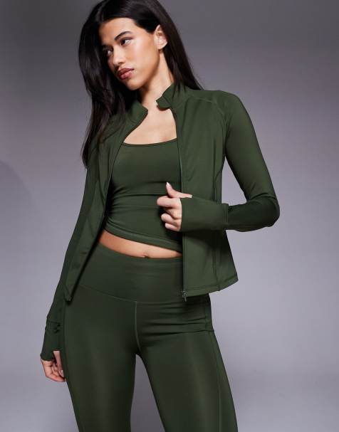 4505 Icon active zip up sculpting long sleeve jacket with zip pockets in khaki