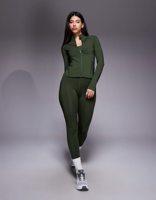 4505 Icon active zip up sculpting long sleeve jacket with zip pockets in khaki, 2 of 4