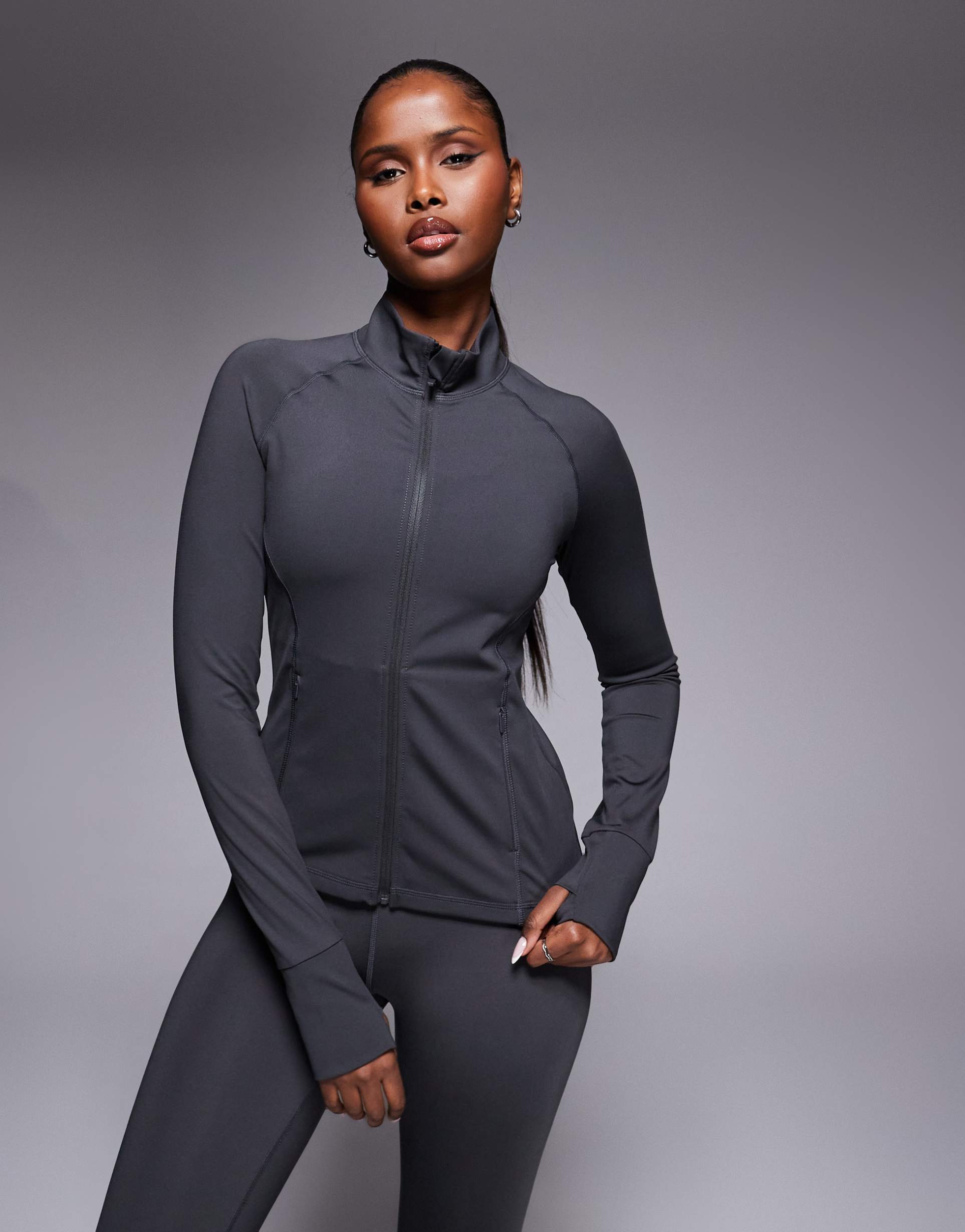 4505 icon active zip-up sculpting long sleeve jacket with zip pockets in smoke gray