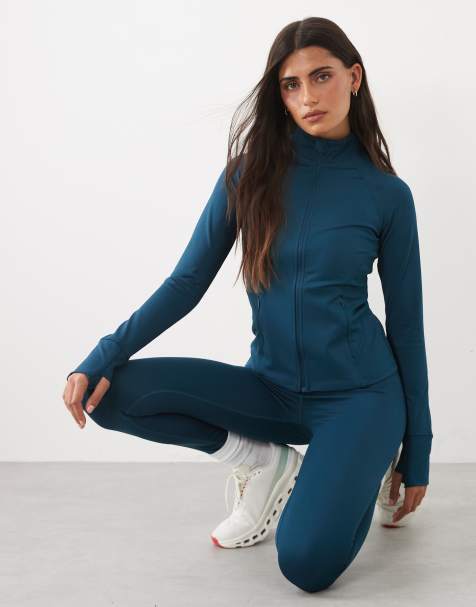 4505 Icon active zip up sculpting long sleeve jacket with zip pockets in teal blue - view 1