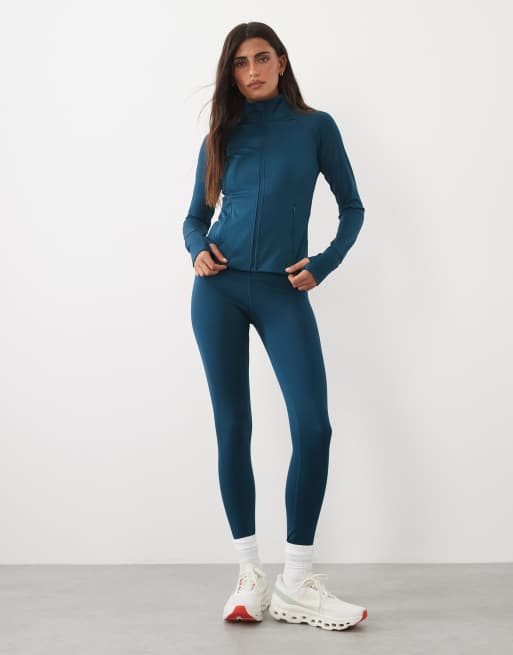4505 Icon active zip up sculpting long sleeve jacket with zip pockets in teal blue, 2 of 4