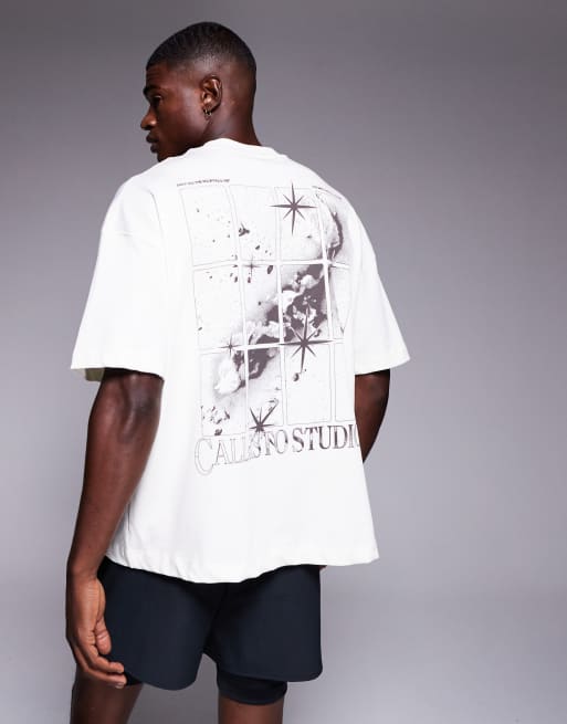 4505 – Icon – Biały gruby bawełniany T-shirt oversize z szybkoschnącym wykończeniem i nadrukiem na plecach