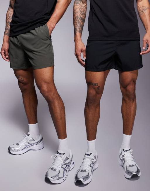4505 - Icon - Confezione da 2 paia di pantaloncini da allenamento in tessuto quick dry da 18 cm neri e kaki con tasche con zip 