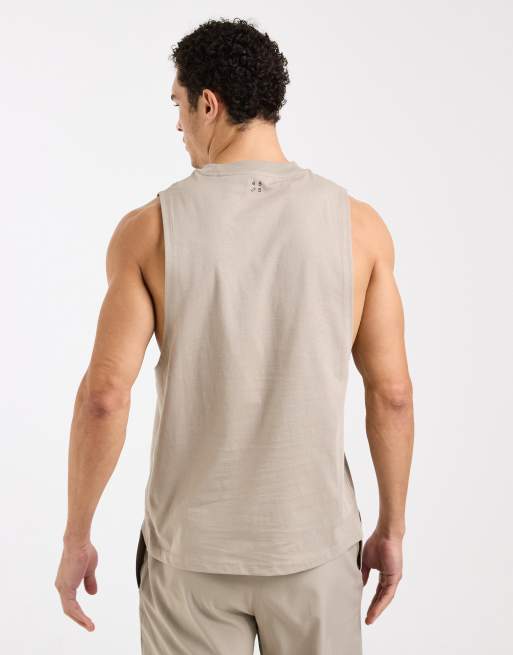 4505 Icon cotton drop armhole training singlet with quick dry finish in greige, 5 of 5
