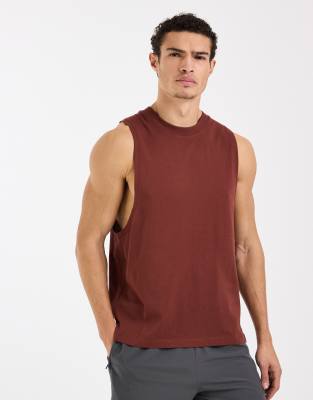 4505 Icon Cotton Dropped Armholes Training Tank Top With Quick Dry Finish In Burgundy