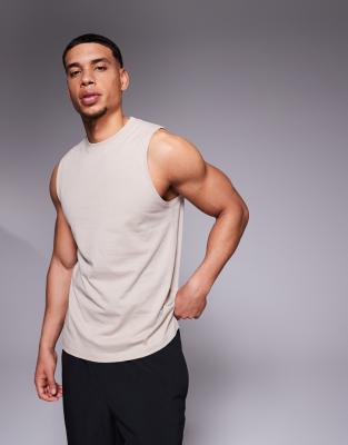 4505 Icon cotton training tank top with quick dry finish in stone-Neutral