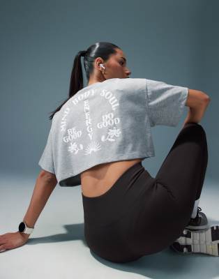 4505 - Icon - Cropped T-shirt van zwaar sneldrogend katoen met print op de achterkant in grijs gemêleerd 