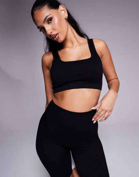 4505  Icon mid impact seamless rib sports bra with square neck in black 