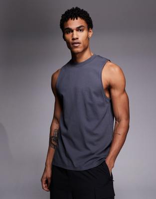 4505 Icon Dropped Armholes Cotton Training Tank Top With Quick Dry Finish In Blue