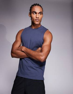 4505 Icon Dropped Armholes Cotton Training Tank Top With Quick Dry Finish In Blue