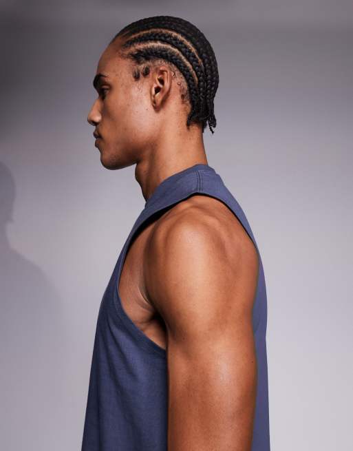 4505 Icon dropped armholes cotton training tank top with quick dry finish in navy, 4 of 5