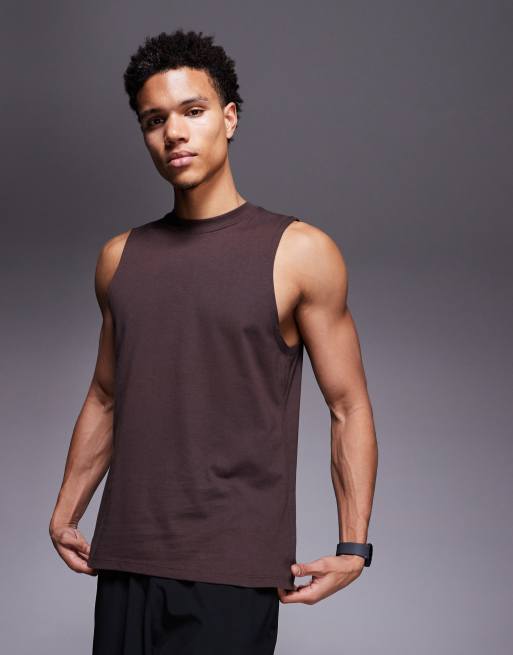 4505 Icon dropped armholes cotton training tank top with quick dry finish in raisin, 2 of 5