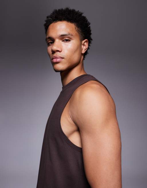4505 Icon dropped armholes cotton training tank top with quick dry finish in raisin, 4 of 5