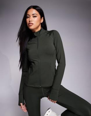 4505 - Icon - Figurformende, langärmlige Jacke in dunklem Khaki mit Reißverschluss-Grün