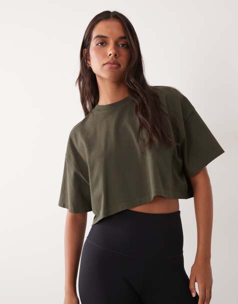 4505 Icon heavyweight cotton cropped t-shirt with quick dry finish in khaki - view 1