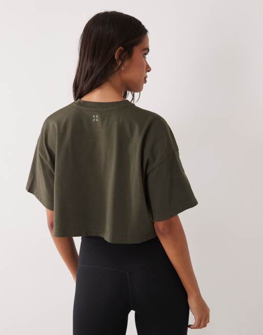 4505 Icon heavyweight cotton cropped t-shirt with quick dry finish in khaki, 4 of 4