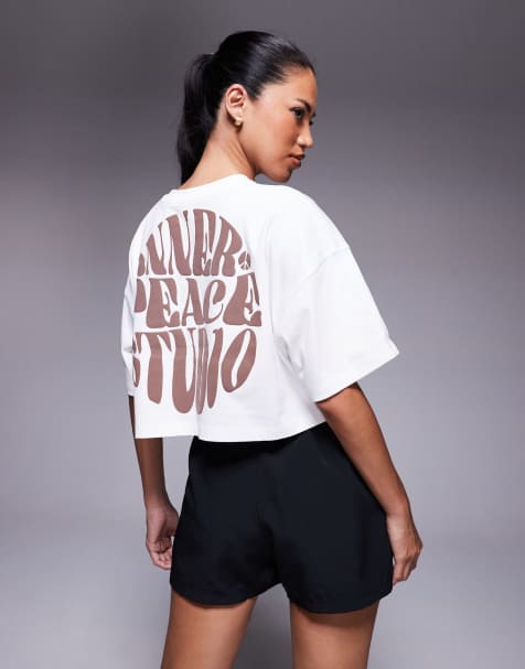4505 - Icon - Hvid cropped T-shirt med print på ryggen i kraftig bomuld med hurtigttørrende finish - view 1