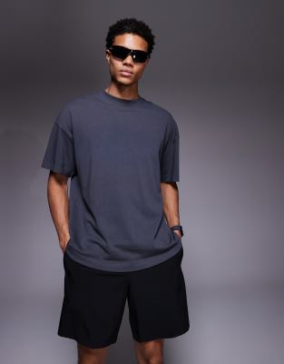 Icon - Kastiges Oversize-T-Shirt aus schwerer Baumwolle in verwaschenem Anthrazit mit schnell trocknendem Finish-Grau Grau 2XS