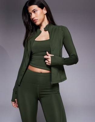 4505 - Icon - Langärmlige, figurformende Sportjacke in Khaki mit Reißverschluss vorne und an den Taschen-Grün