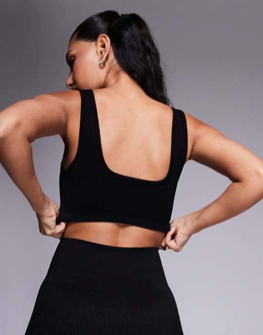 4505 Icon mid impact seamless rib sports bra with square neck in black , 2 of 4