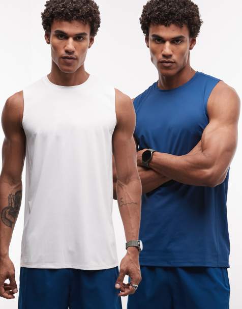 4505 - Icon - Pack de 2 camisetas deportivas de color azul oscuro y blanco sin mangas de malla de secado rápido - view 1
