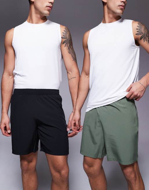 4505 - Icon - Pakke med 2 par sorte og kakigrønne 7-tommer-træningsshorts med lynlåslomme i hurtigttørrende materiale 