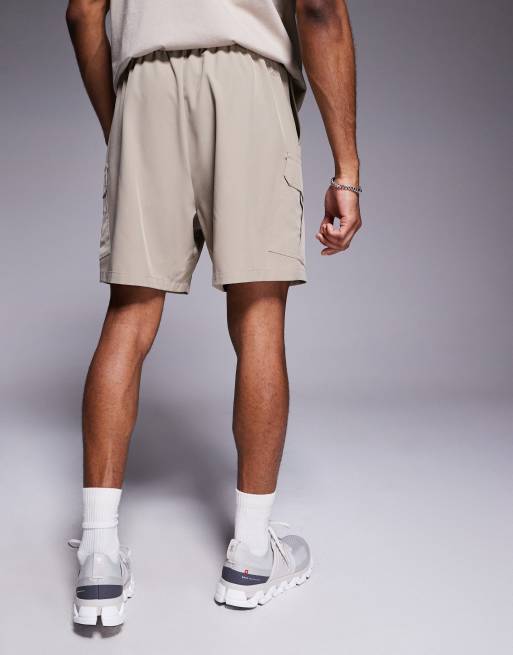 4505 - Icon - Pantaloncini cargo da allenamento quick dry da 18 cm color pietra con tasche con zip, 4 di 5