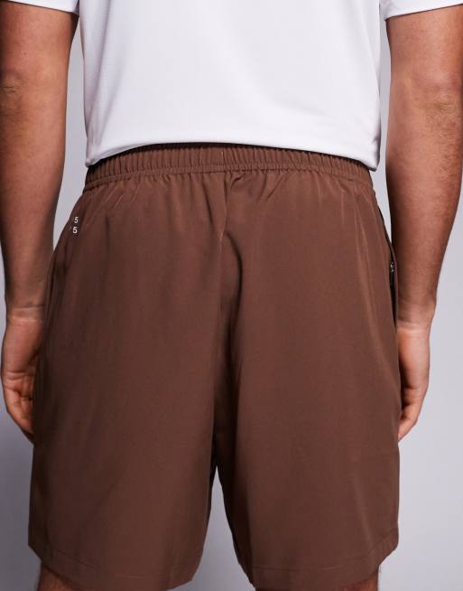 4505 - Icon - Pantaloncini da allenamento da 13 cm in tessuto quick dry marroni con tasche con zip, 5 di 5
