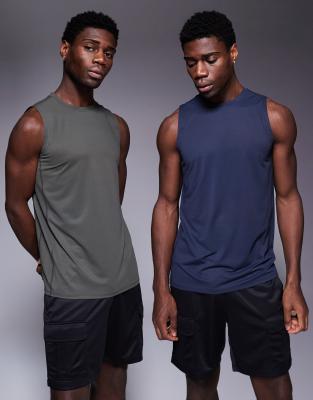 asos 4505 Icon quick dry mesh training tank 2 pack in khaki and navy