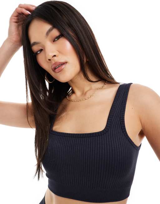 4505 - Icon - Reggiseno sportivo per attività a medio impatto senza cuciture color blu navy a coste con scollo squadrato 