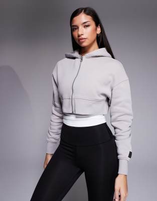 4505 - Icon - Rest Day - Schwere, kastige Cropped-Kapuzenjacke aus Baumwolle in verwaschenem Aschgrau, 440 g/m²-Neutral