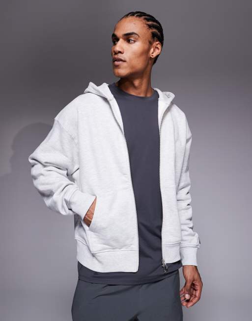 4505 – Icon Rest Day – Schwere Oversize-Kapuzenjacke aus Baumwolle in Hellgrau meliert mit Reißverschluss, 440 g/m² , 2 von 5