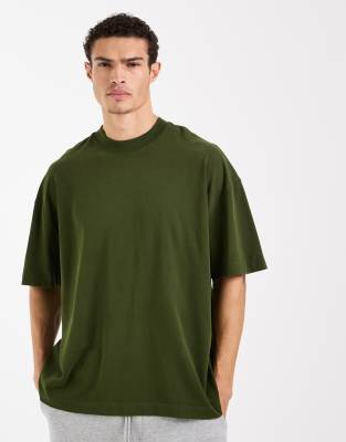 Icon - Schweres Oversize-T-Shirt aus Baumwolle in verwaschenem Khaki mit schnell trocknendem Finish-Grün Grün 2XS