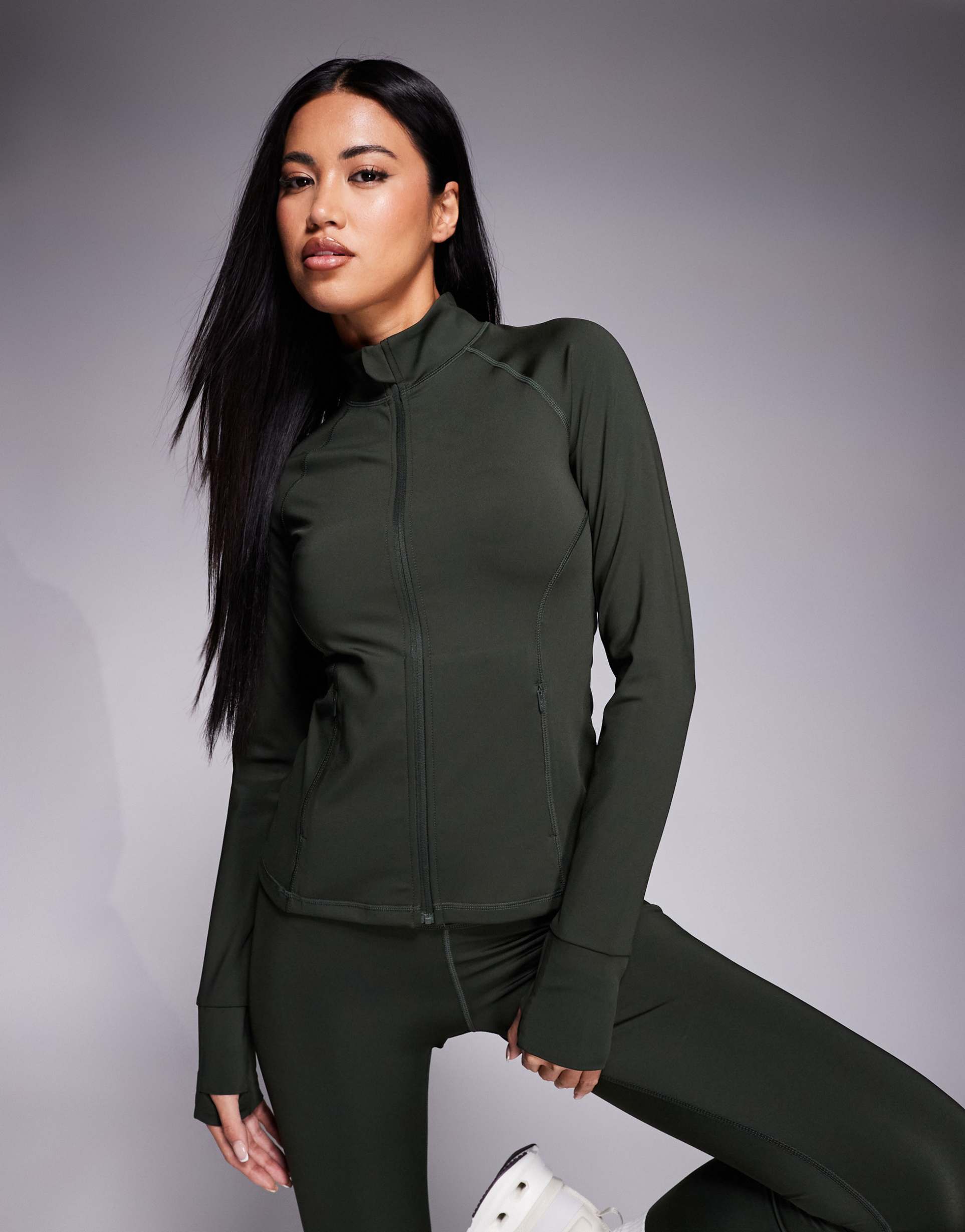 4505 icon sculpting zip up long sleeve jacket in dark khaki