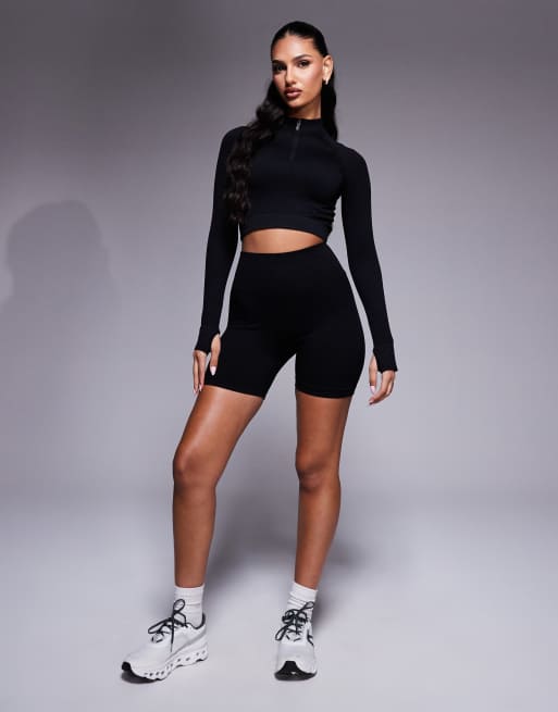 4505 Icon seamless rib 1/4 zip long sleeve top in black , 4 of 4