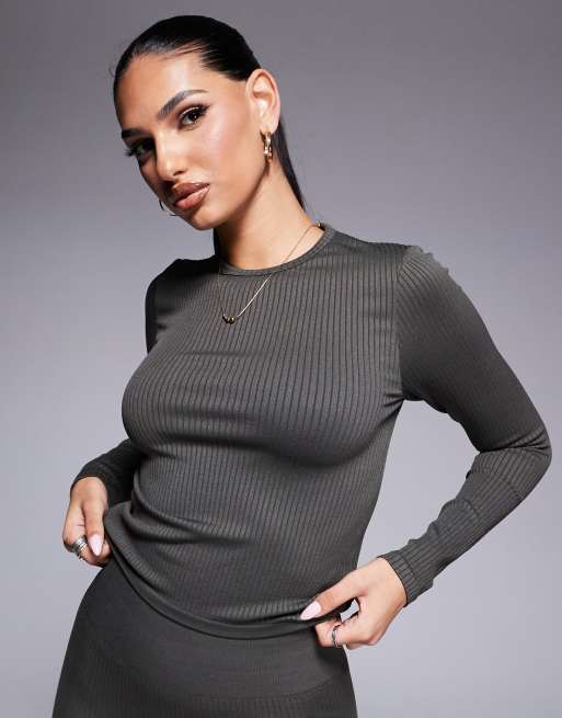 4505 Icon seamless rib knit long sleeve top in moss green 
