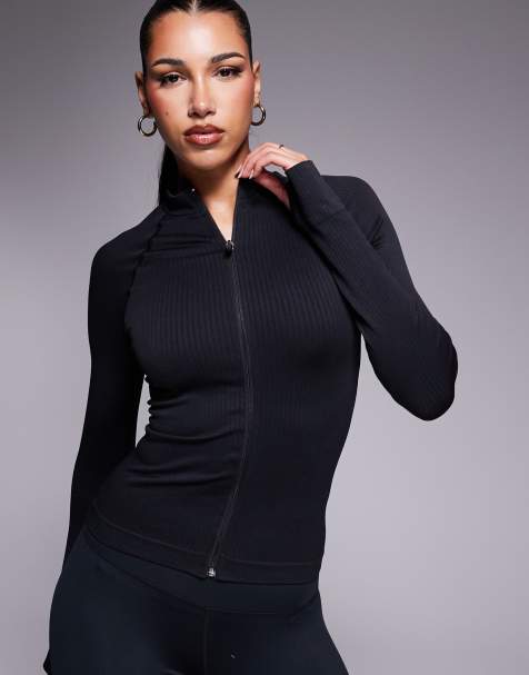 4505 Icon seamless rib zip up long sleeve top in black - view 1