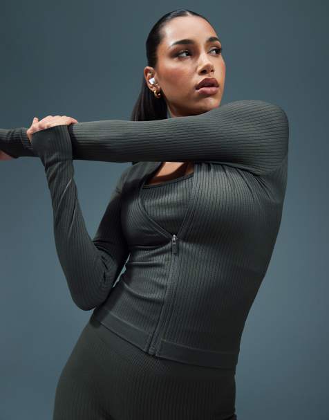 4505 Icon seamless rib zip up long sleeve top in moss green - view 1